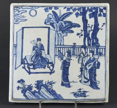CHINE - XIXe siècle Plaque de forme carrée en porcelaine décorée en bleu sous couverte...