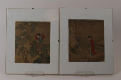 CHINE - XIXe siècle Deux pages d'album, encre et polychromie sur soie, jeune femme...