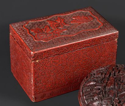 JAPON - XIXE SIÈCLE Boite de forme rectangulaire en laque rouge sculptée dit "tsuichu"...