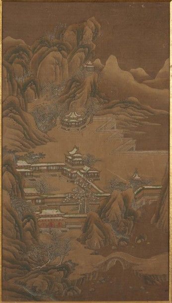 CHINE - XVIIIe/XIXe siècle Encre sur soie, pavillons enneigés dans un paysage montagneux.
Encadrée....