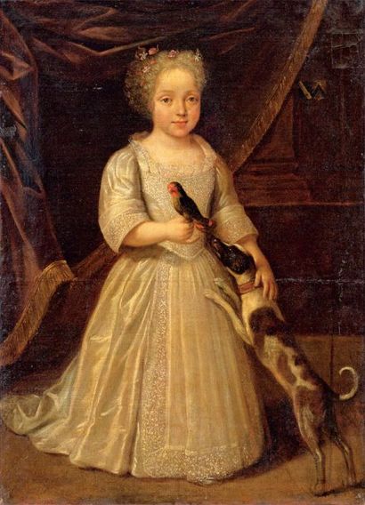 Ecole ANGLAISE du XVIIème siècle Portrait de fillette au chien et perroquet Toile...