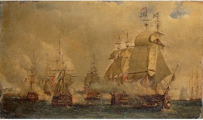 Ecole ANGLAISE du XIXème siècle Combat naval entre anglais et français Toile 26 x...