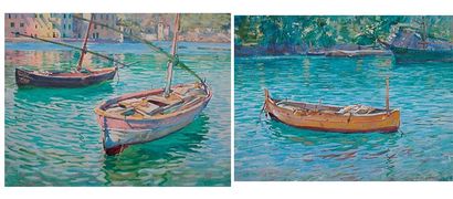Georges Owen Wynne Apperley (1884-1960) "Bateaux au mouillage en Méditerranée" Deux...