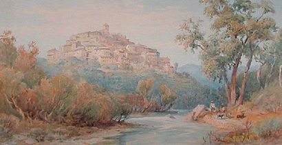 Nathaniel Everett Green (1823-1899) «Village près de Cannes » Aquarelle signée 30...