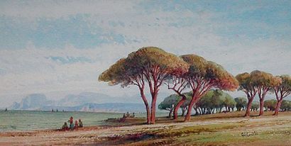 Gabriel Carelli (1821-1900) « Les pins de La Bocca à Cannes » Aquarelle signée 16...