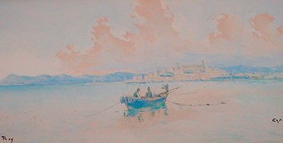 Alphonse Rey (1865-1938) « Cannes » Aquarelle signée 23 x 52 cm