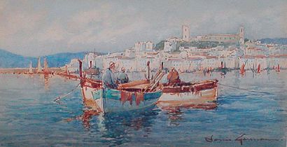 Louis German (1834-1924) « Port de Cannes » Aquarelle signée 19 x 35 cm