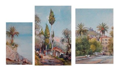 CARELLI (1869-1965) « Deux vues de Menton et une d'Hyères». Trois aquarelles signées....