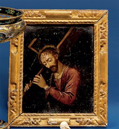 Ecole FLAMANDE du XVIIème siècle Jésus portant sa croix Cuivre 17,5 x 14 cm. Acc...