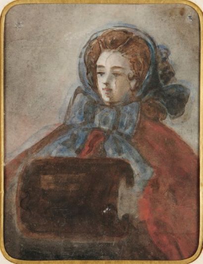 Constantin GUYS (Flessingue 1802 - Paris 1892) Jeune femme au manchon de loutre Aquarelle...