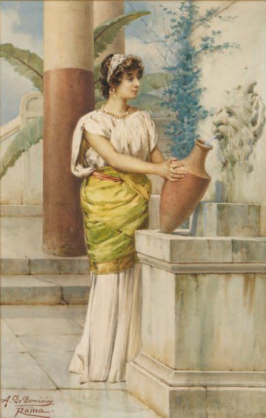 Achille de DOMINICIS (Tivoli 1851 - ? 1917) Jeune femme puisant de l'eau à une fontaine...