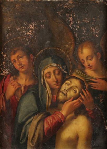 Ecole SIENNOISE vers 1650 Le Christ mort entouré par la Vierge Marie, Saint Jean...