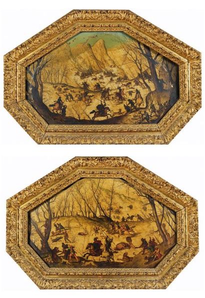 Attribué à Antonio TEMPESTA (1555 - 1630) Scène de chasse Paire d'albâtres, ovales...