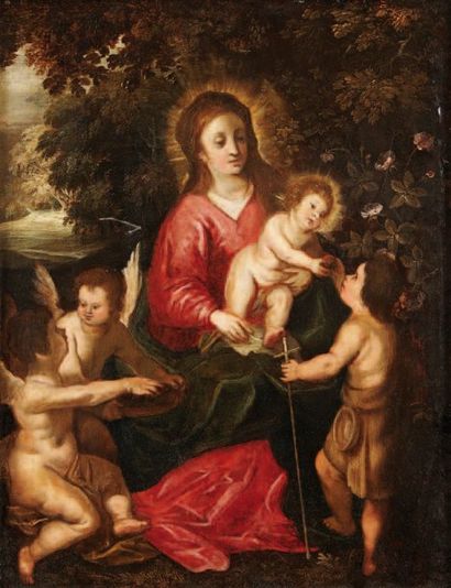Ecole FLAMANDE vers 1630 Vierge à l'Enfant avec Saint Jean Baptiste et deux anges...