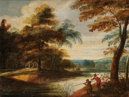 Ecole FLAMANDE vers 1640 Paysage de forêt aux chasseurs Cuivre 16,5 x 22 cm. Res...