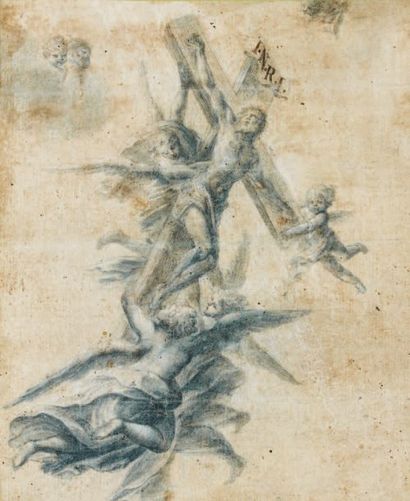 Ecole GENOISE du XVIIème siècle Les anges soutenant le Christ sur la Croix Lavis...