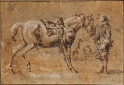 Ecole HOLLANDAISE du XVIIIème siècle Un chasseur tenant son cheval par la bride Plume...