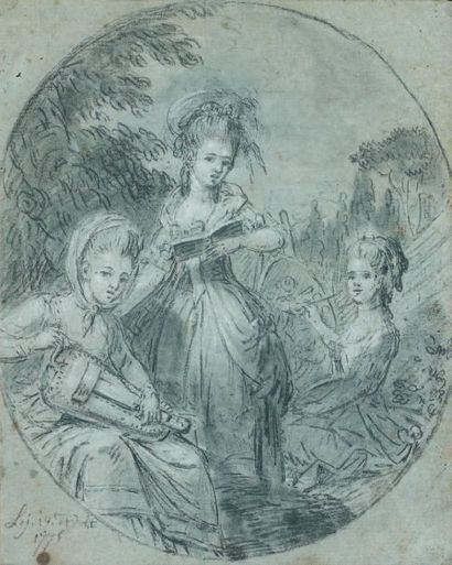 Ecole FRANCAISE en 1775 Trois soeurs peignant, jouant de la vielle et chantant Pierre...