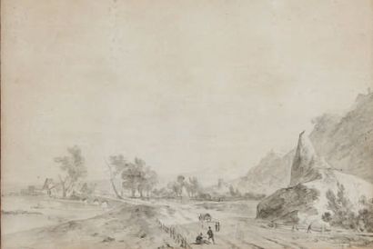 Louis Gabriel MOREAU l'AINE (Paris 1740 - 1806) Paysage rocheux Lavis gris sur traits...