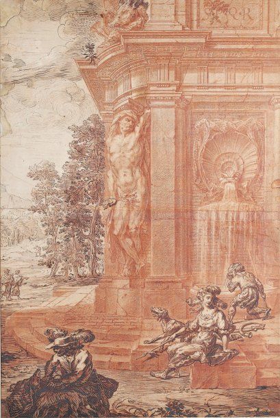 Gilles Marie OPPENORT (Paris 1672 - 1742) Fontaine à atlante dans un parc romain,...