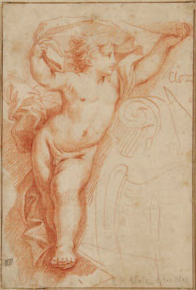 Attribué à René Michel SLODTZ (1705 - 1764) Etude de putto Sanguine. 18,5 x 12,5...