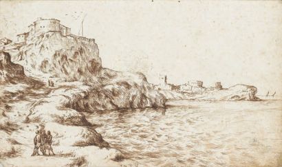 Ecole ITALIENNE du XVIIème siècle, suiveur de Pier Francesco MOLA Paysage à la falaise...
