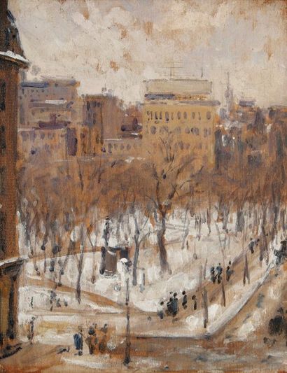 Gustave CAILLEBOTTE (1848-1894) Square à Paris, Temps de neige, 1880. Huile sur panneau....