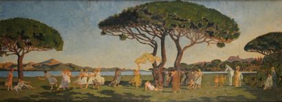 Attribué à Émile René MÉNARD (1862-1930) Bacchanale Huile sur panneau. 48 x 130,5...