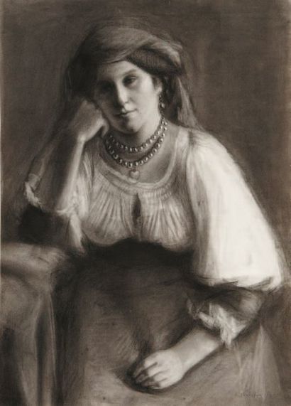 Feodor Vasilievich SYCHKOV (1870-1958) Portrait d'une femme de l'Est, 1912. Fusain...