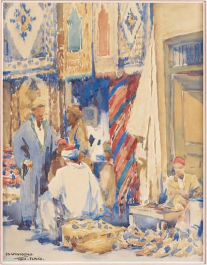 Isidore VAN MENS (1890-1985) Conversation dans le souk, Tunis, 1923. Aquarelle et...