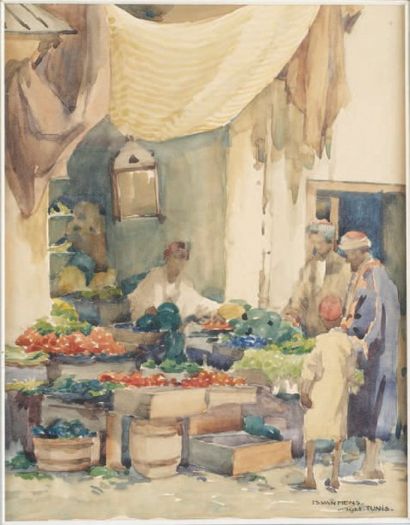 Isidore VAN MENS (1890-1985) L'étal du marchand de fruits, Tunis, 1923. Aquarelle...