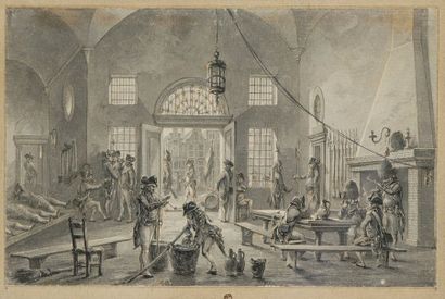 Dirk LANGENDYK (1748-1805) Une salle de garde Plume lavis d'encre de chine gris Signée...