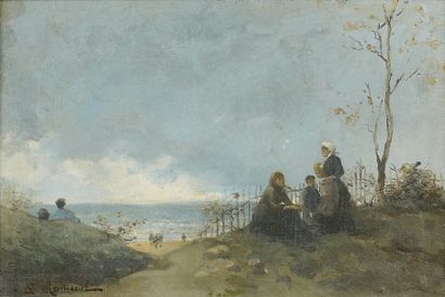 Gustave MAINCENT (Paris 1850-1887) Bord de mer animé Sur sa toile d'origine 27x41.5...