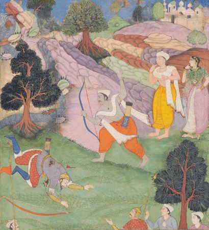 null Arjuna tue Bishma. Illustration d'un épisode d'un manuscrit Razmnama, traduction...