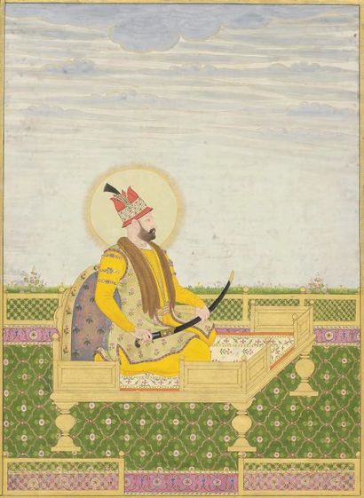 null Portrait de l'Empereur Nadir Shah (1736-1747). Gouache sur papier sur page d'album...