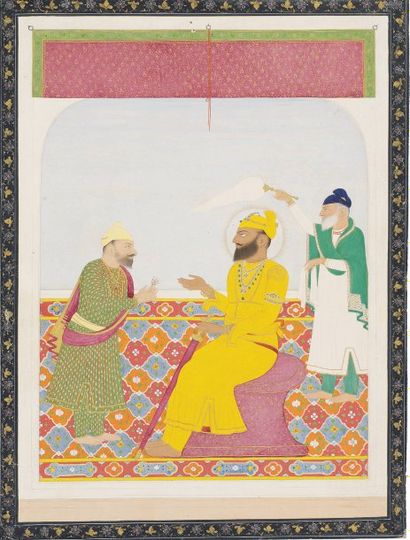 null Visite au Guru Govind Singh (1675-1708). Gouache sur papier sur page d'album...