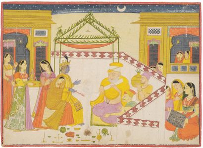 null Noces de Krishna et de Rukmini. Gouache à rehauts d'or, sur page d'album cartonnée...