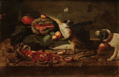 Ecole FLAMANDE du XVIIème siècle, suiveur du Jan van KESSEL Nature morte aux fruits,...