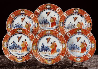 CHINE Suite de six assiettes rondes décorées d'une scène représentant « la dame au...