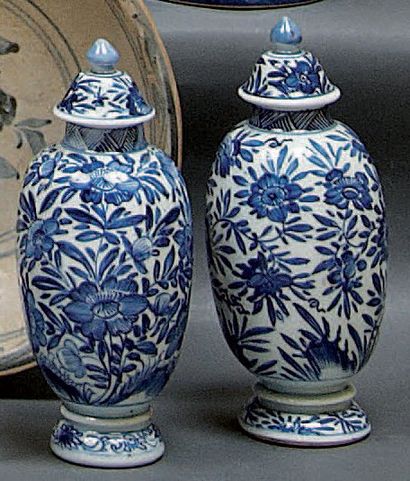 CHINE Deux petits vases couverts ovoïdes sur piédouche décorés en bleu sous couverte...