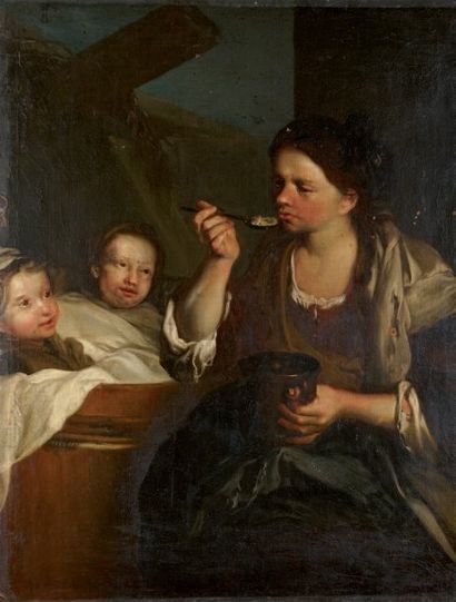Ecole ESPAGNOLE du XVIIIème siècle Jeune mère et ses deux enfants Sur sa toile d'origine...