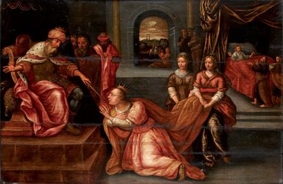 Ecole ANVERSOISE vers 1610 Histoire de la Reine de Saba Panneau de chêne parqueté...