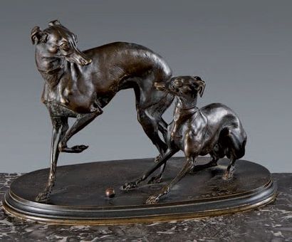 Pierre JULES MENE (1810-1879) d'après « Levrettes ». Epreuve en bronze. Haut : 15...