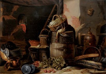Ecole FRANCAISE du XVIIIème siècle, suiveur de Willem KALF Intérieur de cuisine Panneau...