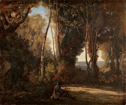 Léon Barthélémy Adrien LAROCHE (Bergerac 1817 - ?) Oriental dans la forêt Carton....