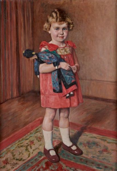 Edouard ROMBAUX (Oudergem 1899 - 1987) Portrait de petite fille à la poupée japonaise...