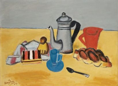 HAYDEN Henri (1883-1970) Nature morte à la bouteille de rhum, 1955. Huile sur toile,...