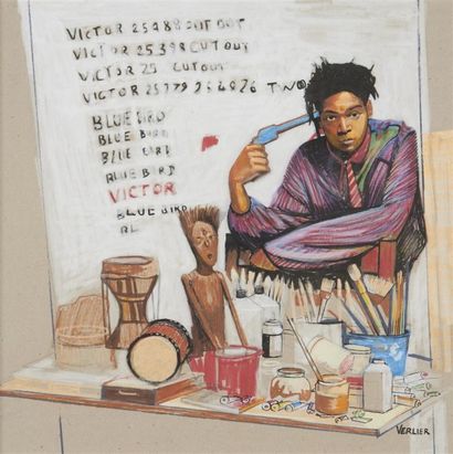 null Mathieu VERLIER (1977) Basquiat Technique mixte sur papier fort, signé en bas...