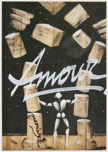 null Jérôme MESNAGER (1961) Samson Carton d'invitation sérigraphié, inscription "Amour"...