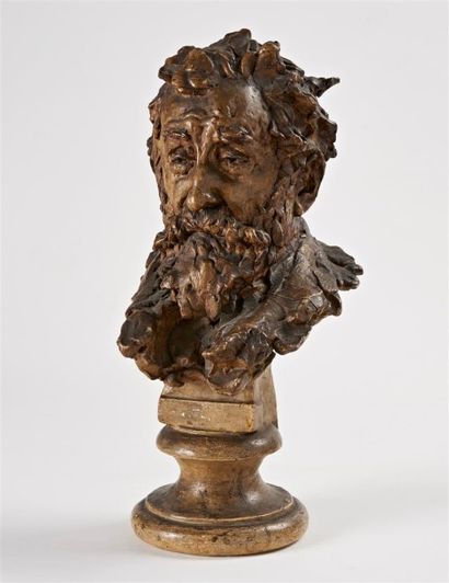 null S. SAGOFFINI Buste d'homme barbu Sculpture en plâtre patiné sur piédouche portant...